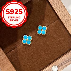 TEMU 스털링 실버 네잎 클로버 스터드 귀걸이 여성용, 니치 정교한 다용도 소형 꽃 주얼리 라이트 럭셔리 신선한 액세서리 (박스 없음)