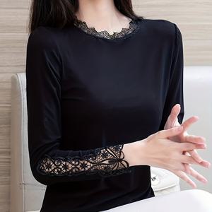 TEMU 플러스 사이즈, 여성용 플러스 사이즈 우아한 로우넥 레이스 언더레이어 - 긴팔 스트레치 베이스 레이어 탑, 레이어링에 적합, 봄 여름 가을 착용