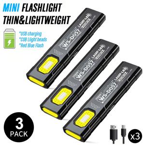 TEMU 3개 미니 USB 충전식 손전등 (펜 클립, 모자 클립 & 마그네틱 베이스 포함) - 빨간색/파란색 스트로브, 리튬 배터리 포함의 소형 LED 토치