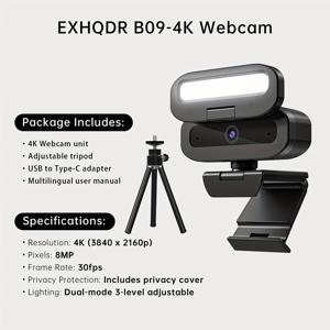 TEMU EXHQDR 4K 울트라 HD 자동 초점 웹캠 | USB & Type-C 듀얼 플러그 앤 플레이 | 내장형 삼색 온도 삼단 터치 채광 및 마이크 | 프라이버시 슬라이더, 접이식 삼각대 & Type-C 어댑터 포함 | 오피스 회의, 온라인 수업, 콘텐츠 제작 및 게임 스트리밍에 이상적 | 우아한 선물 박스 포장, 완벽한 크리스마스 선물