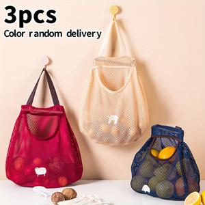 TEMU 랜덤 컬러 모던 메쉬 주방 보관 가방 3팩, 벽걸이형 채소 및 과일 걸이 파우치, 통기성 원단, 양파, 감자, 생강, 마늘, 과일 보관용, 홈 키친 정리함, 재사용 가능한 농산물 봉투