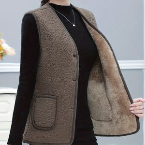 TEMU 플러스 사이즈 - 여성용 겨울 기모 안감 조끼 | 민소매, V넥, 단색, 레이어드 및 아우터웨어로 착용 가능