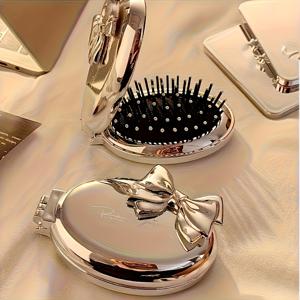 TEMU 두 가지 색상 옵션 - 미니 리본 모양 헤어브러쉬 (미러 포함), 여성에게 적합, 휴대용 접이식 에어 쿠션 브러쉬, 일반 모발 스타일링에 적합, 언제든지 터치업이 가능한 미러가 내장된 휴대용 헤어 도구.