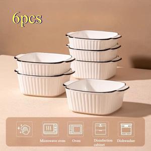 TEMU 검은색 테두리가 있는 세라믹 베이킹 디쉬 6개 세트. 사각형 모양으로 에어프라이어에 적합합니다. 이 작은 베이킹 웍은 손잡이가 있으며 오븐, 전자레인지 및 식기세척기에서 사용하기 안전합니다. 주방에서 사용하기에 완벽하며 디저트 또는 메인 요리 역할을 할 수 있습니다.|에어프라이어