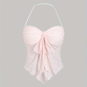 TEMU 여성용 단색 레이스 탑, 앞면 목에 리본 장식.