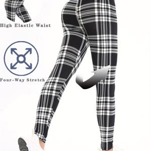 TEMU 가을/겨울용 캐주얼 블랙 앤 화이트 체크 무늬 프린트 요가 바지, 스타일리시하고 우아한 여성용 쉐이핑 고탄력 트라우저, 헬스장 운동, 러닝 및 야외 활동에 적합, 편안하고 통기성 좋은 태권도 3단 바지