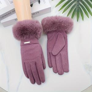 TEMU 1 쌍 여성 패션 니트 래빗 플러시 장갑 - 폴리에스터 90% 스판덱스 10% 탄성 전체 손가락, 축제 따뜻한 터치 스크린, 장식 단색, 비세탁 관리