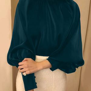 TEMU 우아한 단색 퍼프 소매 하이넥 블라우스