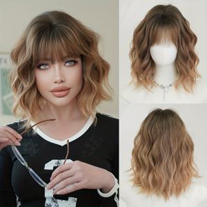 TEMU 오렌지-브라운 컬러의 물결 그라데이션 숏 보브 가발, 여성 데일리 파티에 적합. 앞머리가 있는 고밀도 보브 가발, 내열성 합성 섬유로 제작, 길이 15.76인치.