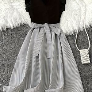 TEMU 여성용 우아한 V넥 반팔 허리 악센트 미디 드레스 - 가볍고 세탁기 사용 가능한 캐주얼 & 포멀 여름 원피스