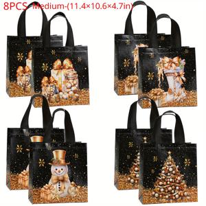 TEMU 8/16개 검정 크리스마스 선물 가방, 여성용 중간 재사용 가능 부직포 토트백 손잡이 포함, 선물 포장/파티 용품에 적합, 11.4 10.6 4.7in