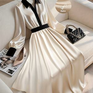 TEMU 심플한 스타일의 새로운 가을 여성용 긴팔 미디 기장 패션 드레스. 도시를 영감을 받은 아프릭트 새틴과 드레스의 대비가 돋보입니다.