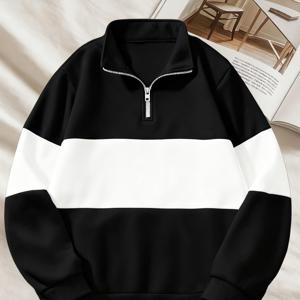 TEMU 남성용 컬러 블록 지퍼업 셔츠 - 칼라리스 디자인으로 포멀과 캐주얼 웨어, 일상 오피스 & 골프 파티 의상. 관리가 쉬운 모던 남성 의류, 부드러운 질감의 스타일리시 스포츠웨어 - 젊은 성인에게 적합|셔츠|패션