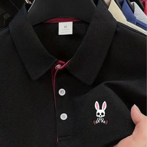 TEMU 남성용 캐주얼 반팔 셔츠, 해골 & 토끼 프린트 - 부드러운 폴리에스터 204gsm, 버튼업 칼라 & 커프스, 디자인