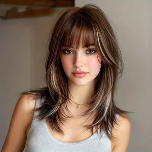 TEMU 여성용 16인치 밤색 & 화이트 마블 숏 가발 - 고온 내성 섬유, 리얼 헤어라인을 위한 넥 라인, 업스타일에 적합한 - 직장/학교/할로윈/음악 페스티벌용 (매트)