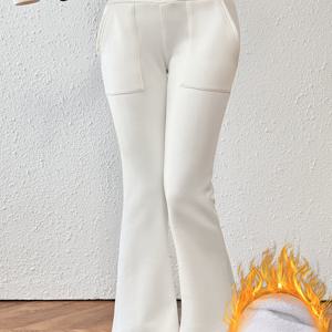 TEMU 여성용 하이웨이스트 겨울 복부 컨트롤 플레어 벨바텀 팬츠 - 포켓 포함, 보온 레그워머 트라우저, 추운 날씨에 적합한 스트레치 핏, 세탁기 사용 가능 (캐주얼/드레스) - 우아한 팬츠 수트 스타일