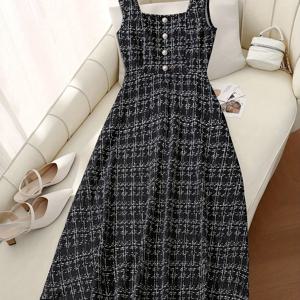 TEMU 여성용 패션 우아한 민소매 미디 체크무늬 드레스 버튼 장식|여름원피스|여성원피스|나시원피스