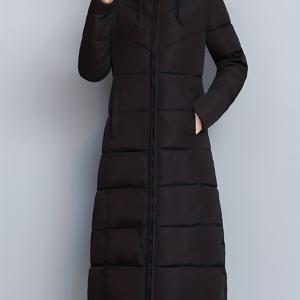 TEMU 여성용 겨울 블랙 헤비듀티 두꺼운 무릎 길이 & 슬랜트 길이 슬림핏 후드 재킷 - 우아한 H라인 코트, 우산 헴, 지퍼 클로저, 추운 날씨용 캐주얼 아우터웨어 (신축성 없는 소재)