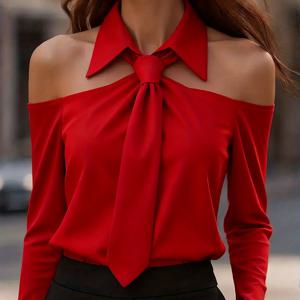 TEMU 우아한 오프숄더 셔츠 | 타이 넥 디테일이 있는 스트랩리스 디자인, 구조적인 칼라, 긴소매, 올 시즌 전문가복