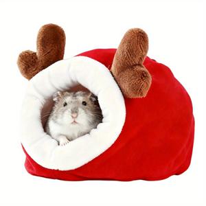 TEMU 귀여운 순록 뿔 햄스터 침대 - 부드러운 플리스 소형 애완동물 하우스, 햄스터 & 저빌을 위한 따뜻한 은신처, 크리스마스 테마의 아늑한 둥지 액세서리, 어린 동물에게 편안함, 조립 불필요