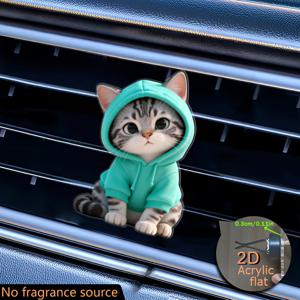 TEMU 그린 후드티를 입은 머리가 기울어진 탁비 고양이 2D 평면 장식품, 에어 벤트용으로 디자인됨. '무향'이라고 적혀있고, 무취 스펀지 패드 2개가 포함되어 있으며, 향기 발산기 역할을 하며 향료를 사용하지 않습니다. 이 고급 C