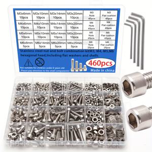 TEMU 460개 헤비듀티 스테인리스 스틸 헥스 볼트 및 너트 세트 (M3/M4/M5/M6) + 플랫 와셔 포함 - 툴박스, 선반, 트레일러, 가구용 - 컵 헤드 스크류 & 내부 헥스 너트 DIY, 자동차용