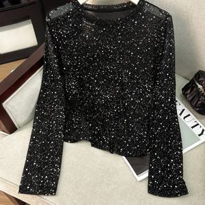 TEMU 세련된 여성용 블랙 앤 실버 포일 라운드넥 긴팔 탑 | 발렌타인데이, 새해 파티 및 기타 행사에 적합