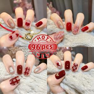 TEMU 96개 글리터 테마 숏 스퀘어 프레스온 네일 키트 | 여성용 소프트 젤 인조 네일, 아크릴 재사용 가능 네일 데코, 빨간색 하트 & 패턴, 선물, 간편한 부착 & 제거, 광택 마감, 귀여운 숏 네일
