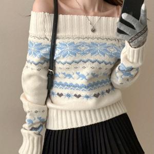 TEMU 2025 가을-겨울 신상 블루 앤 화이트 빈티지 자카드 오프숄더 여성 스웨터 | 한국 스타일 슬림핏, 스위트 앤 스파이시 스타일, 루즈핏 긴팔 기하학 패턴 탑