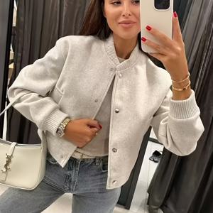 TEMU 여성용 신상 가을 단색 활용도 높은 재킷, 스타일리시한 겨울 봄버 재킷, 포켓 포함, 버튼 디자인, 루즈핏 캐주얼 긴소매 재킷