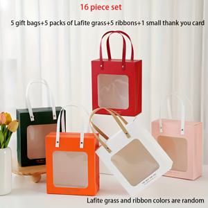 TEMU 16개입 창문이 있는 작은 선물 가방 세트 - 다크 그린, 레드, 오렌지, 핑크, 화이트 종이 토트백, 리본, 라피아, 리본, 감사 카드 포함, 발렌타인데이, 생일, 결혼식 등에 적합 | 우아한 선물 포장 Ha