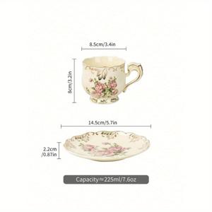 TEMU 수제 유럽 장미 꽃 세라믹 컵 & 접시 세트, 질감 엠보싱 디자인, 골드 라인 인레이, 3D 아트 수집품, 어머니날, 부활절, 기념일 축하 선물, 추수감사절에 완벽한 선물