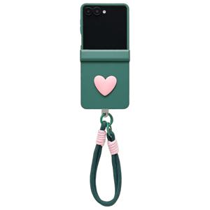 TEMU 폰 케이스: 일본풍 잉크 파인 그린 하트 스트랩 크로스바디 케이스 - Z Flip 7/6/5/갤럭시 W25 플립용 - 새로운 접이식 스크린 방탄 커버, 독특한 플립 디자인, 스타일리시 & 보호 기능