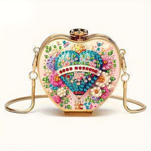 TEMU 1개 DIY 미니 크로스바디 백, 핫에어 풍선 & 꽃 디자인, 반짝이는 장식, 골드 체인 스트랩 - 휴대용 동전 지갑, 여행, 선물용 (립스틱/이어폰에 적합한 라운드 핸드백)