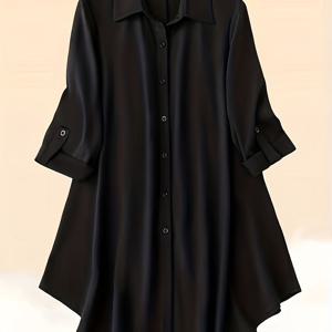 TEMU 플러스 사이즈 - 플러스 사이즈 여성 캐주얼 단색 긴팔 셔츠 | FOX CLAW, 신축성 없는 원단, 라펠 칼라, 버튼 디테일, 봄/가을용 레귤러 핏