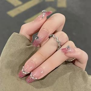 TEMU 24개 파우더 핑크 요정 테마 긴 사다리꼴 웨어러블 네일, 아이시 투명 스파클 특징, 순수하고 아름다운 스타일에 완벽, 탈착식 네일 스티커로 패셔너블하고 우아하며 트렌디한 스타일을 선보입니다.