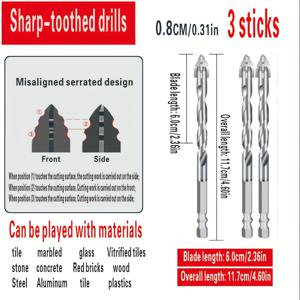 TEMU 고강도 합금강 드릴 비트 세트, 상자 포함, 네 블레이드 세라티드 센트리퓨갈 디자인, 직선 스파이럴, 세라믹, 유리, 대리석, 콘크리트, 스테인리스 스틸, 돌용 드라이 드릴링