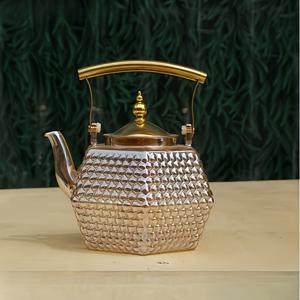 TEMU 고급 육각형 유리 찻주전자, 황금색 테두리와 뚜껑 - 고보로실리케이트, 내열성, 스토브탑이나 카운터탑에서 차를 끓이는 데 완벽함