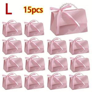 TEMU 세련되고 우아한 플로럴 디자인의 핑크 & 화이트 진주 손잡이 선물 상자 15개입, 발렌타인데이, 결혼식, 생일 파티 및 선물 토트 상자에 적합한 휴대용 종이 선물 가방.