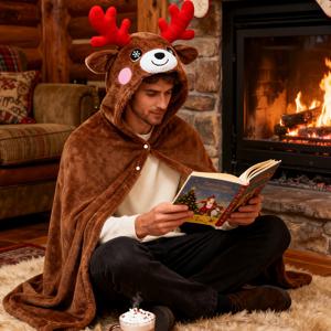 TEMU 남성용 부드러운 사슴 웨어러블 후드티 - 초극세사 코스프레 에어컨 담요 후드티, 웨어러블 따뜻한 케이프 숄, 편안한 라운지웨어 파자마, 귀여운 동물 할로윈 및 크리스마스 코스튬 후드티, 가을 및 겨울용 포근한 홈웨어