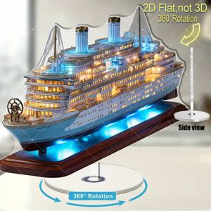 TEMU 2D 평면, 360° 회전 아크릴 모델 크루즈 선박 (조명 창문 & 바다 요소 포함) - 2D 평면 디자인, 전기 불필요, 가정 사무실용 탁상 장식, 크루즈 선박 장식