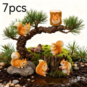 TEMU 귀여운 다람쥐 분재 장식 7종 세트, 리얼리틱 미니어처 정원 조경 소품, 환상적인 다람쥐 가족 피규어, 실내/야외 홈 데코, 성인용 미니어처 모델 조경 장식, 분재 장식품