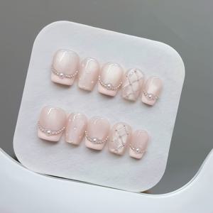 TEMU 10개입 핸드페인팅 핑크 숏 인조네일 - 여성용 블러쉬 옴브레 숏 트라페조이드 프레스온네일, 글리터 / 코리안 스타일 발렌타인데이 선물, 봄/여름 캐주얼룩에 어울리는 귀여운 & 은은한 매니큐어 (10매)