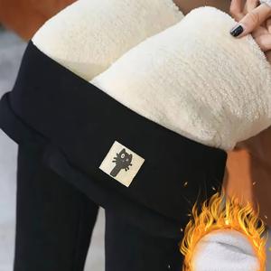 TEMU 부드러운 플러시 안감이 있는 포근한 하이웨이스트 레깅스 - 가을/겨울용 부드럽고 신축성 있는 따뜻한 의류, 귀여운 고양이 디자인, 편안하고 스타일리시한 캐주얼 웨어, 포근한 레깅스