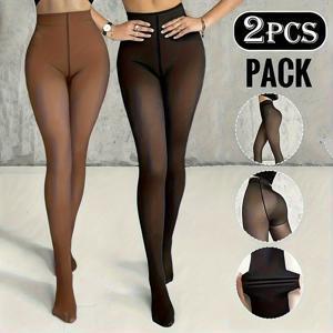 TEMU 2개 여성용 시어 보온 타이츠 - 누드 & 라이트 브라운 오파크 레깅스, 강력한 겨울 따뜻함, 복부 제어 슬림핏 팬티스타킹, 파티용 - 손세탁 가능, 하루 종일 착용 (건조기 불가)