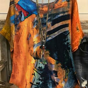 TEMU 플러스 사이즈 여성용 딥 옐로우 타이다이 플라워 나비 프린트 반팔 티셔츠 - 캐주얼 라운드넥 여름 상의, 편안한 핏 & 세탁기 사용 가능 소재, 매일 입을 수 있는 휴가 셔츠, 중간 신축성