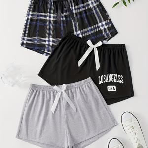 TEMU 3개 세트 여성용 잠옷 반바지 세트 - 편안한 크롭 폴리에스테르 니트 소재 바지, 플레드 및 단색 컬러, 올시즌 베이직 스타일, 벨트 없음, 가정 및 캐주얼 착용용