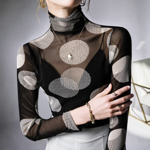 TEMU 여성용 하이넥 긴팔 시어 메쉬 티셔츠 탑