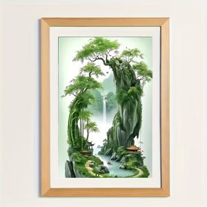 TEMU 5D 아트 풍경 그림 키트 - 평온한 산과 폭포 장면,竹,각자,보트 포함 - 성인 및 초보자에게 적합 - 홈 데코,공예,자수에 관심 있는 사람들에게 완벽한 선물,초보자용 공예 키트|전통 아시아 디자인|세부 풍경