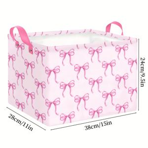 TEMU 1개 대형 접이식 수납 바구니, 핑크 리본 디자인 - 튼튼한 손잡이가 있는 튼튼한 패브릭 정리함, 세탁, 화장품, 캠핑, 책상, 선반, 선반 바구니 등 다용도, 수납정리함, 세탁바구니, 정리바구니, 보관바구니, 수납바구니, 다용도 바구